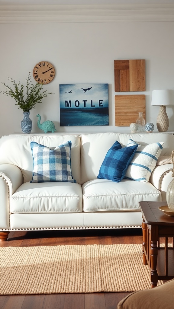 A living room featuring a white leather sofa with blue accent pillows, coastal decor, and wooden accents.