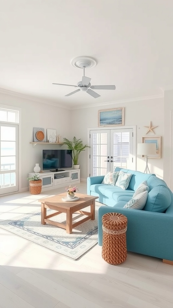 A coastal-themed living room featuring a blue sofa, wooden coffee table, and natural light.