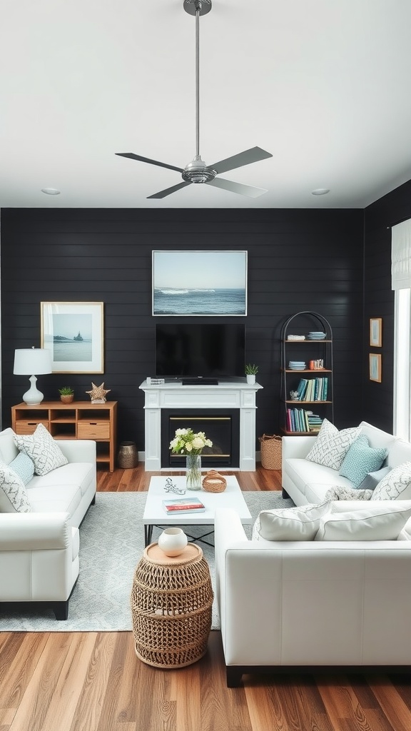 Living room with black shiplap wall, white sofas, and coastal decor