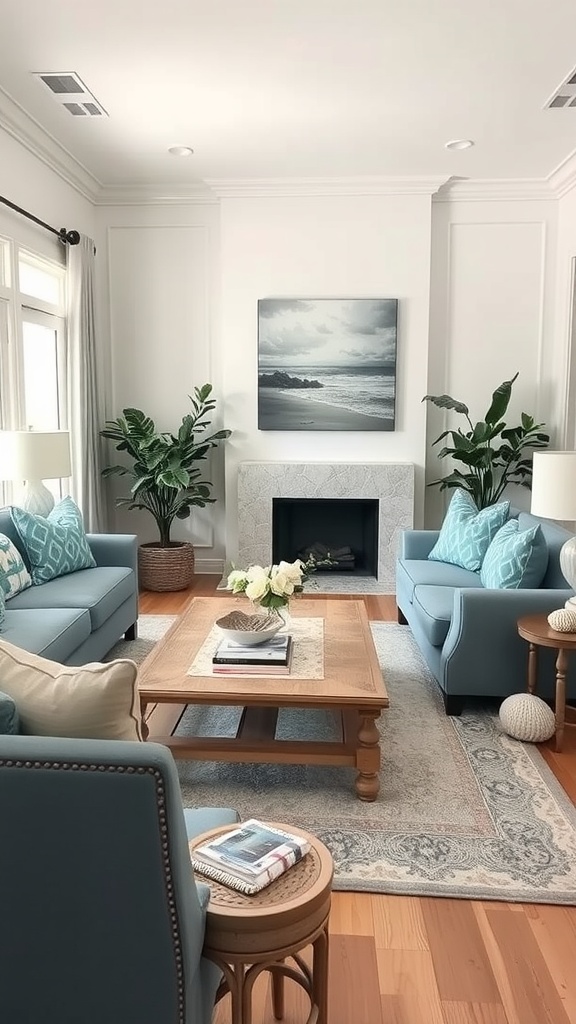 A bright and airy living room featuring blue sofas, gray accents, and coastal decor.