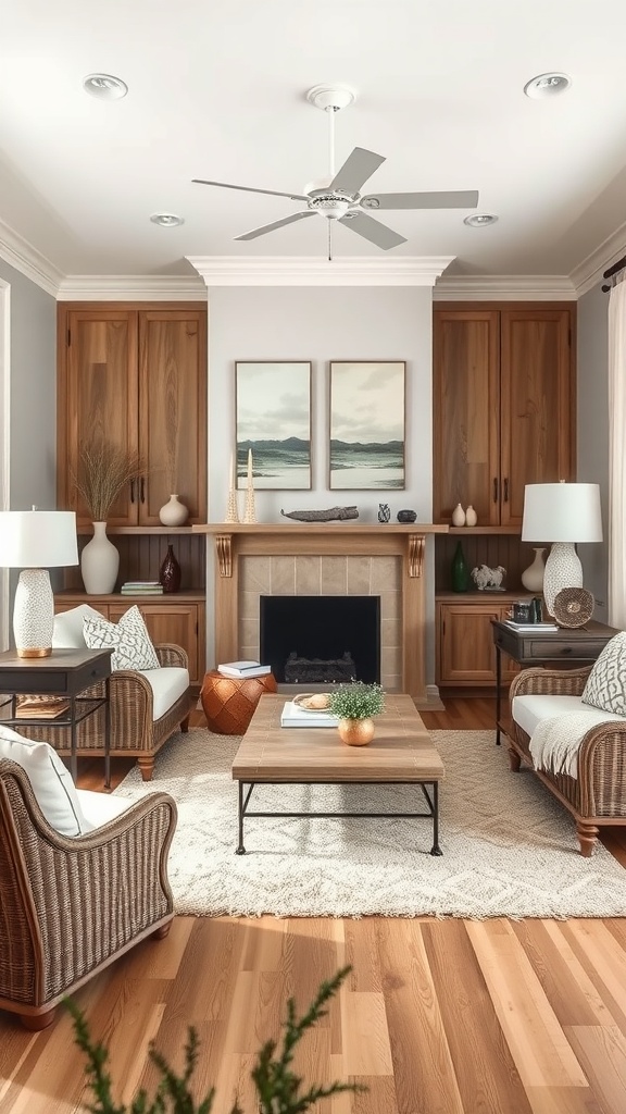 A cozy living room featuring brown and white decor with wooden cabinetry and light furniture.