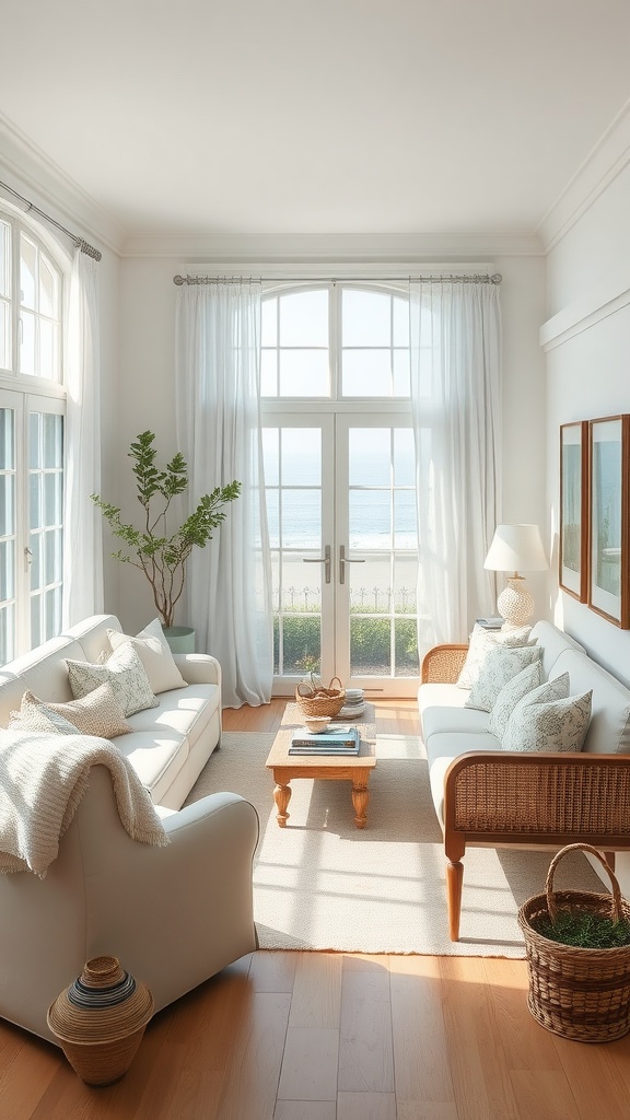 A bright and airy living room with coastal decor, featuring large windows, a view of the ocean, and comfortable white sofas.