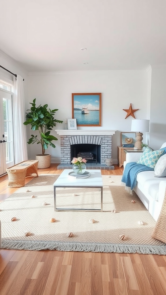 A living room decorated with a nautical rug, showcasing coastal vibes with plants and ocean-themed decor.