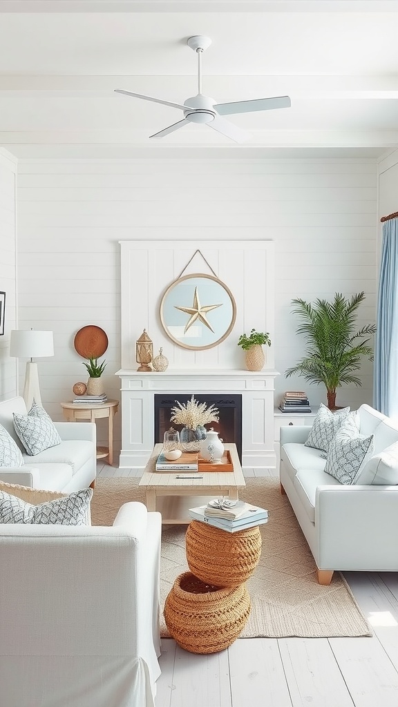 A cozy coastal living room with white walls, comfortable sofas, and natural decor elements.