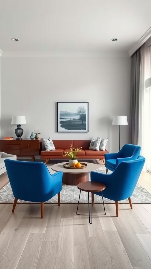 A modern living room featuring cobalt blue accent chairs, a round wooden table with fruits, and neutral-toned decor.