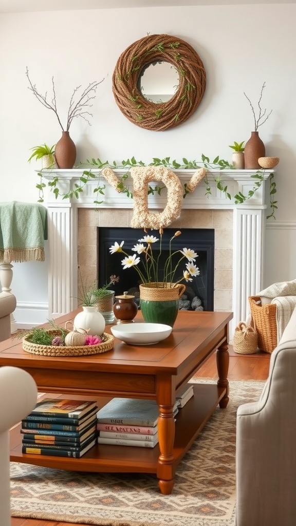 A cozy living room featuring a decorated coffee table and a stylish fireplace.