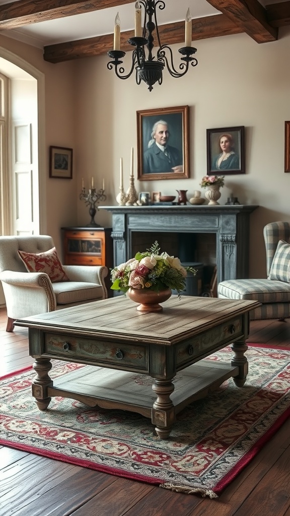 An antique-style coffee table in a cozy old English living room, surrounded by elegant armchairs and a decorative rug.