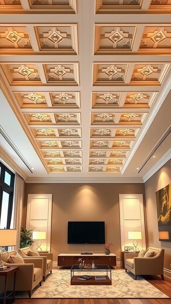 A coffered ceiling in a modern living room with warm tones and recessed lighting