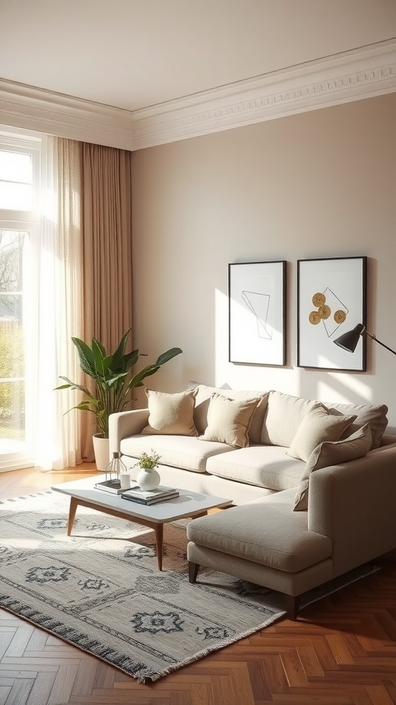 A neutral living room with a beige wall, cozy sofa, and decorative rug.