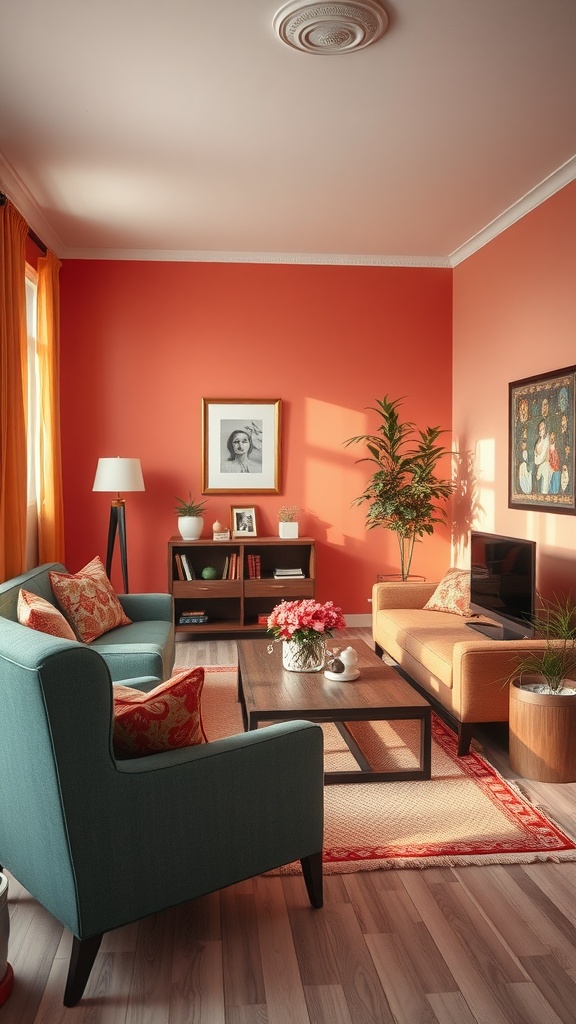 A small living room with coral walls, teal armchair, orange sofa, and decorative plants.