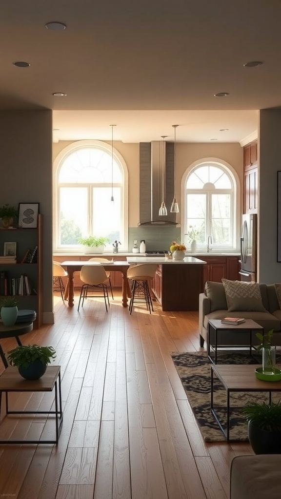 Open kitchen living room with cohesive color palettes, featuring warm wood floors and neutral tones.