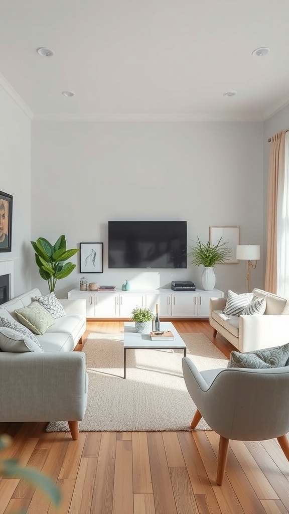 A well-decorated modern living room with light-colored furniture and a cozy atmosphere.