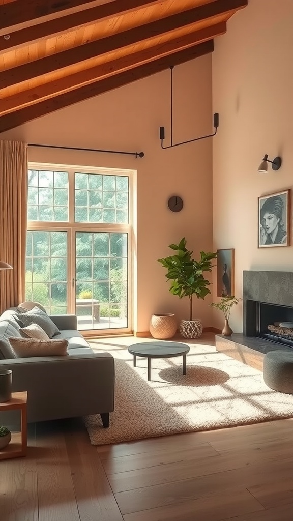 A cozy living room with warm colors, large windows, and natural light.