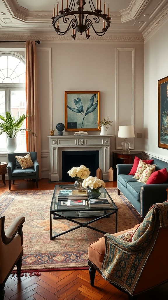 A formal living room featuring stylish furniture, decorative artwork, and a chandelier.