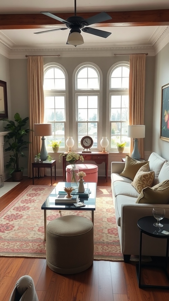 A formal living room with large windows, elegant furnishings, and a cohesive decorative theme.