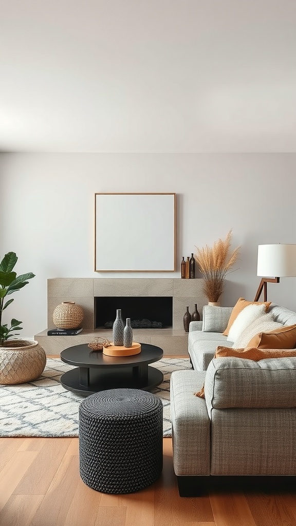 Neutral living room with gray couch, black coffee table, and textured elements