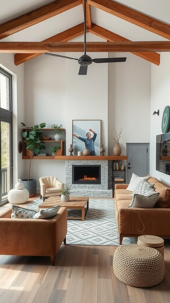 A modern rustic living room featuring leather sofas, wooden beams, and a stone fireplace