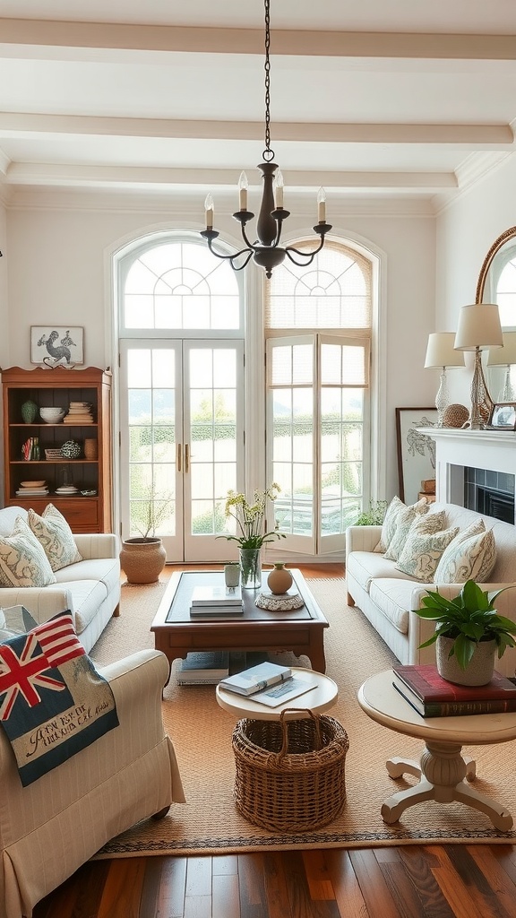 A cozy French country living room with soft sofas, natural light, and rustic decor.