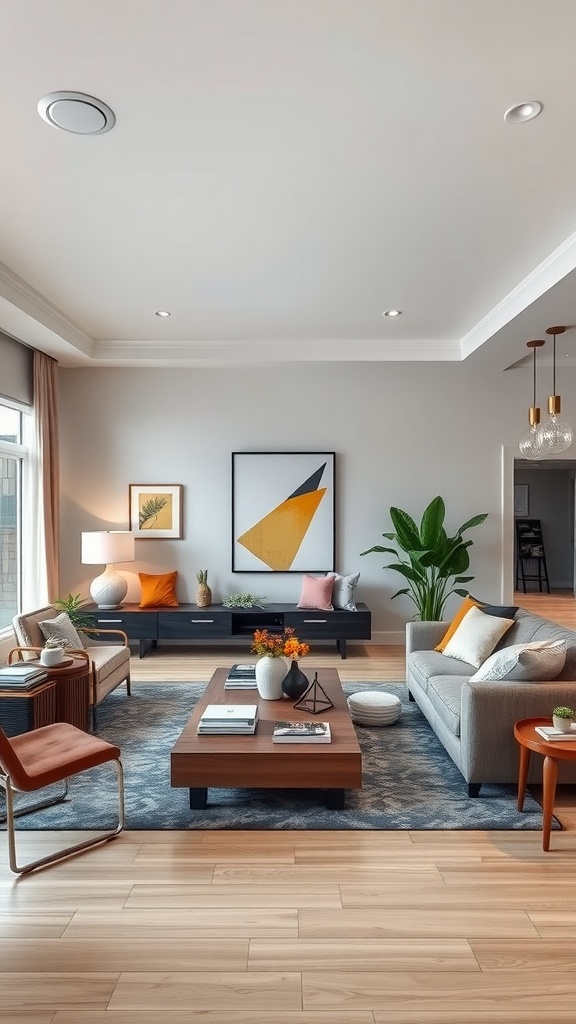 A modern living room with a cohesive themed decor featuring warm colors, plants, and geometric art.