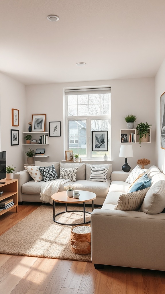 A cozy dorm living room featuring a sectional sofa, coffee table, and decor with plant themes.