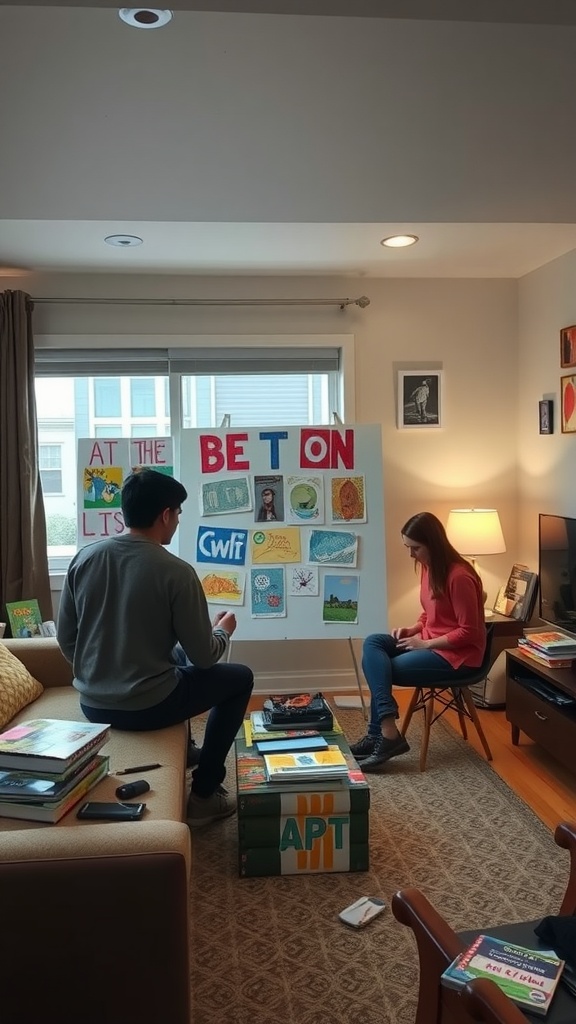 Two individuals collaborating on art projects in a dorm living room, surrounded by colorful artwork and books.