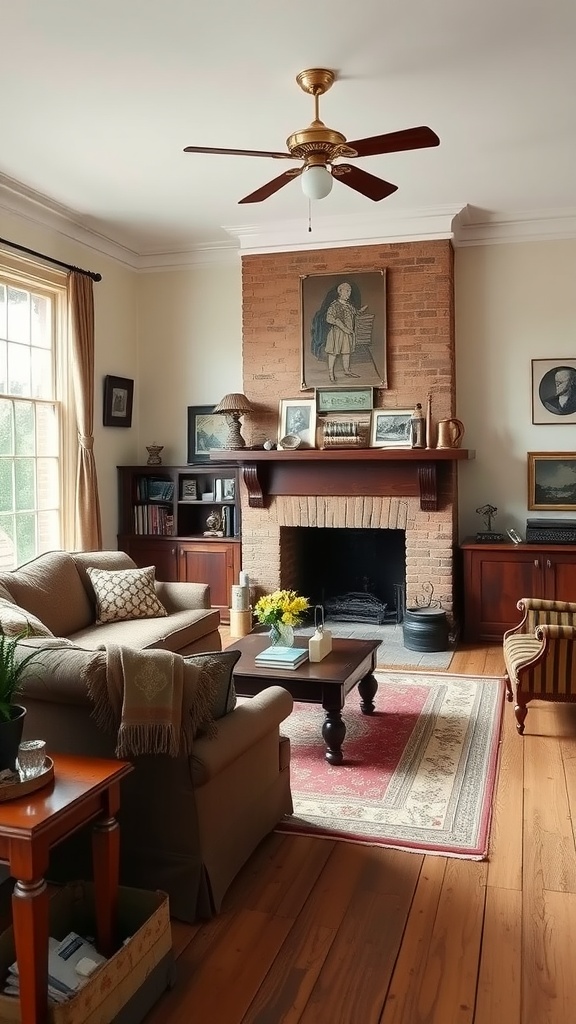 A cozy living room showcasing Colonial American style with a brick fireplace, neutral furniture, and vintage decor.