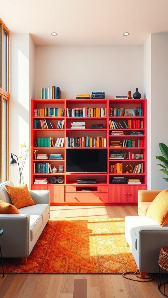 A bright red bookshelf filled with color-coded books in a modern living room