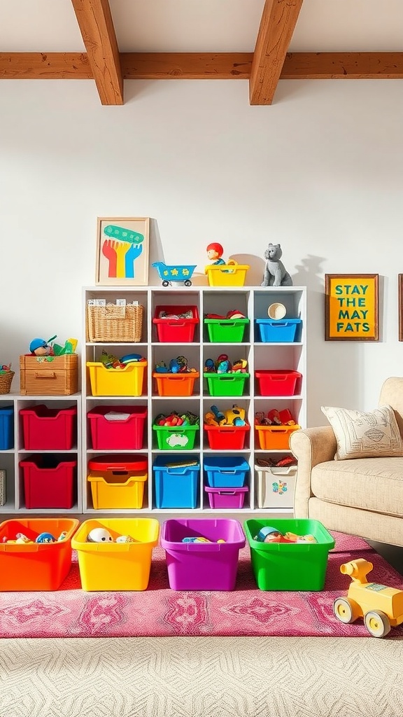 A colorful set of toy storage bins arranged neatly in a living room with various toys inside.