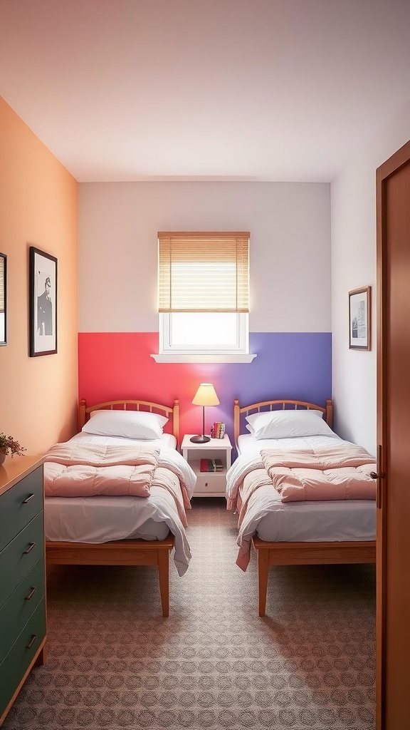 A cozy shared bedroom with two beds separated by a nightstand, featuring color-coded walls in orange and blue.