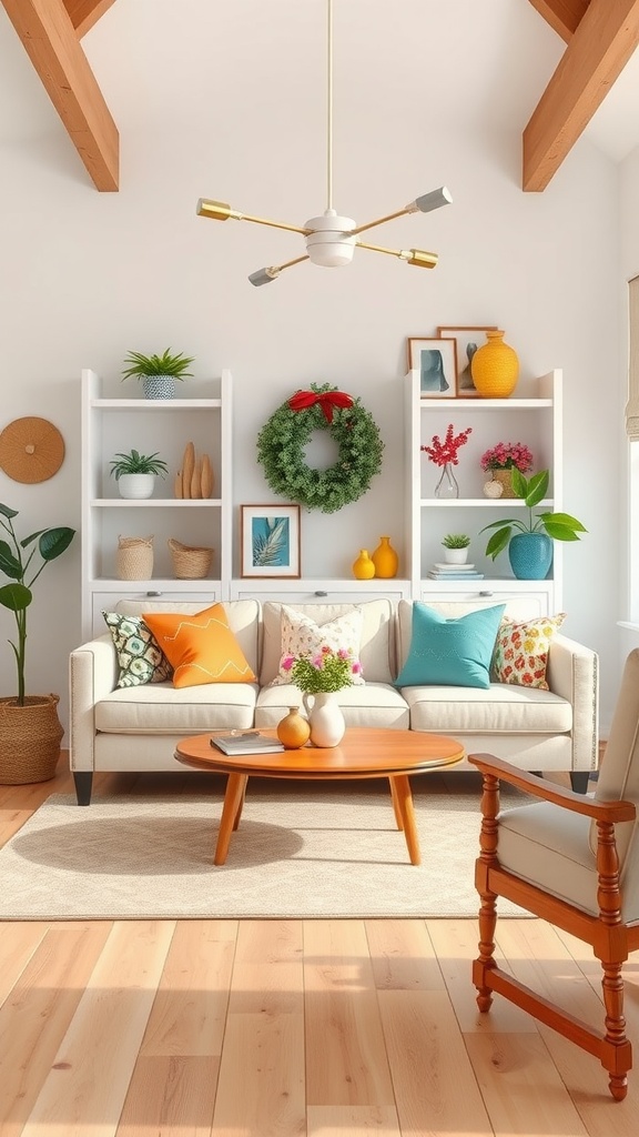 A bright and cozy farmhouse-style living room with colorful accent pillows and decorative pieces.