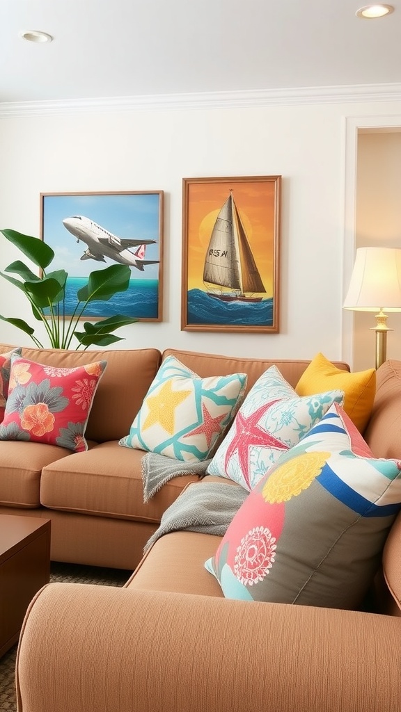 A cozy coastal living room featuring colorful accent pillows on a couch.