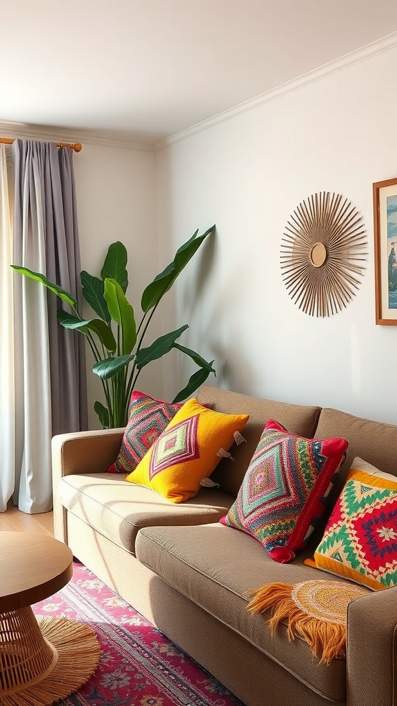 A cozy living room with a sofa adorned with colorful accent pillows, a patterned rug, and a decorative plant.