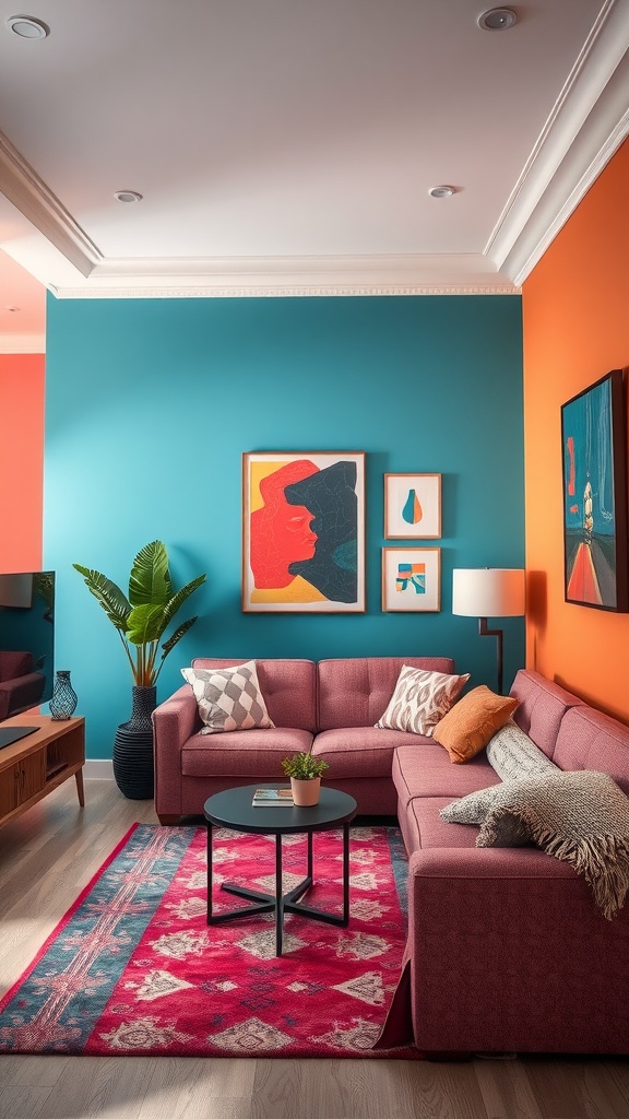 A small living room featuring colorful accent walls in teal and orange, with a pink sofa and decorative artwork.