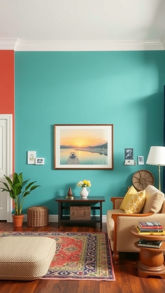 Cozy living room featuring turquoise and coral accent walls, a decorative rug, plants, and inviting furniture.