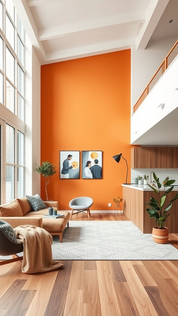 Bright orange accent wall in a modern living room with artwork and cozy furniture