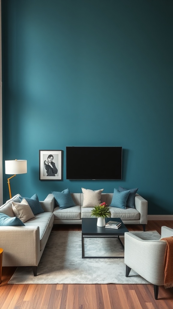 A cozy living room featuring a vibrant teal accent wall, light-colored furniture, and decorative pillows.