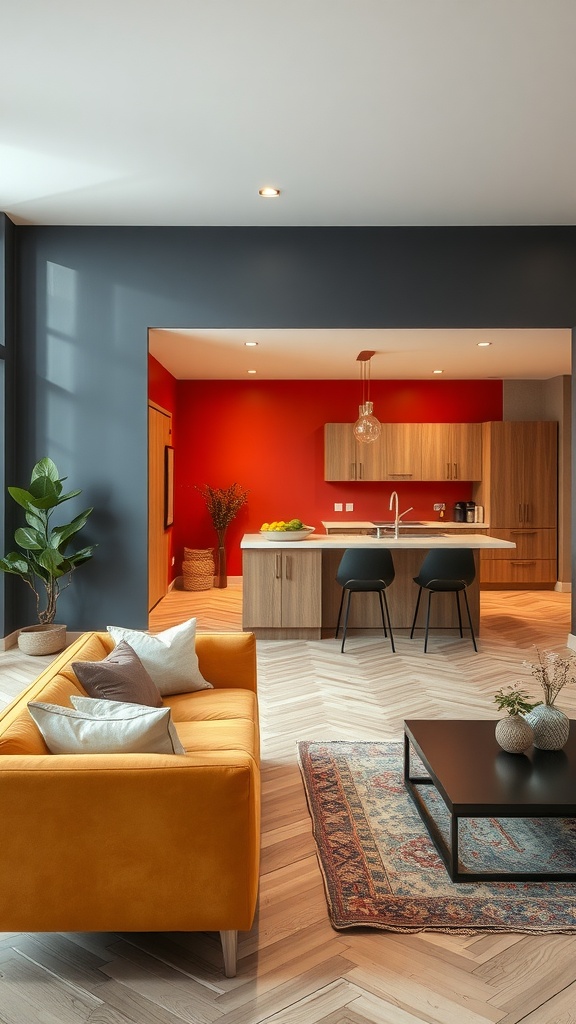 A living room and kitchen with colorful accent walls, featuring a red kitchen wall and a blue living room wall, complemented by a mustard yellow sofa.