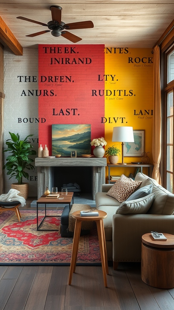 A modern rustic living room featuring colorful accent walls in red and yellow with playful typography.