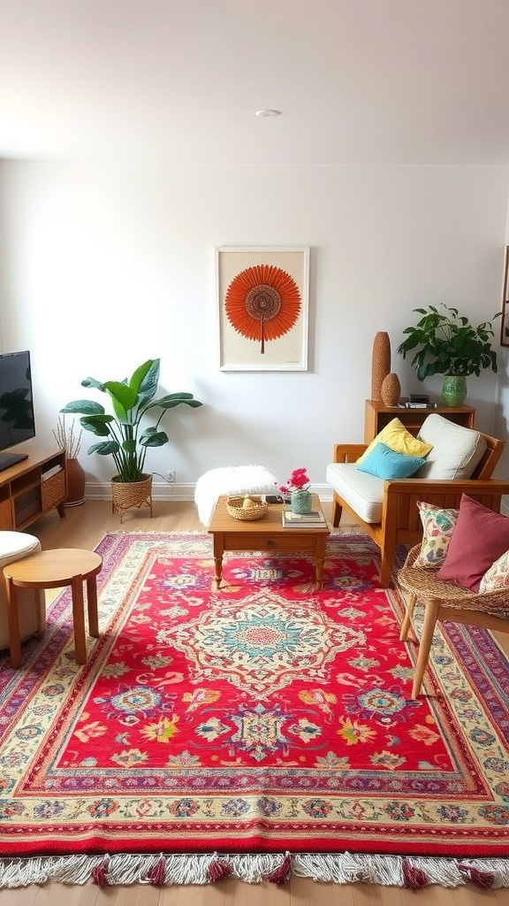 A colorful boho-style living room featuring a vibrant red area rug with intricate patterns, natural wood furniture, and green plants.