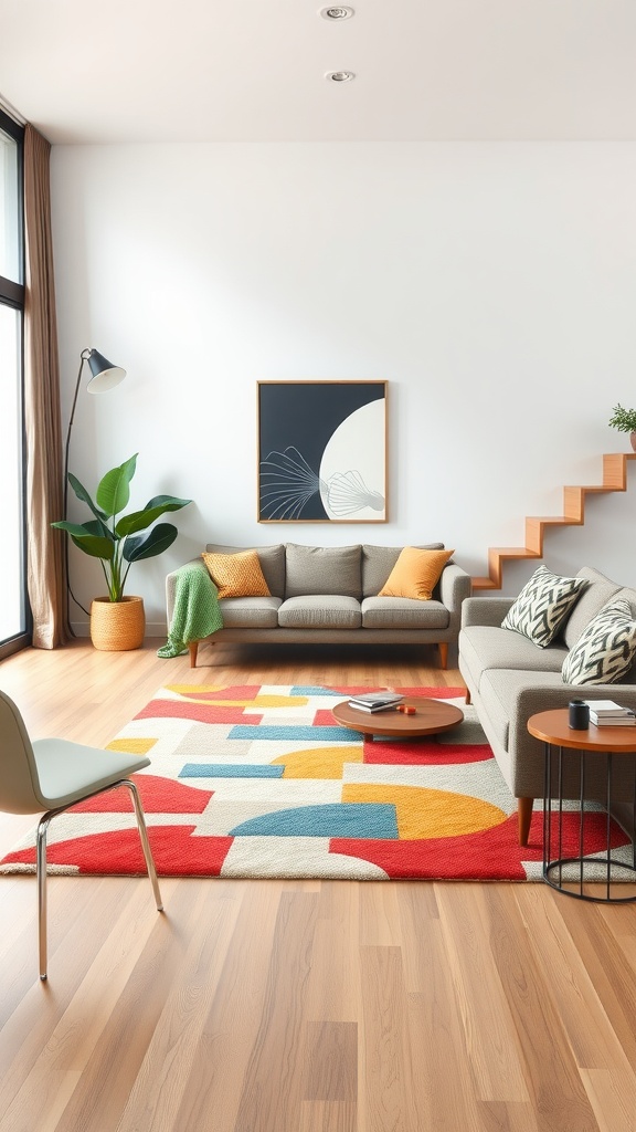 Midcentury modern living room featuring a colorful area rug with geometric patterns.