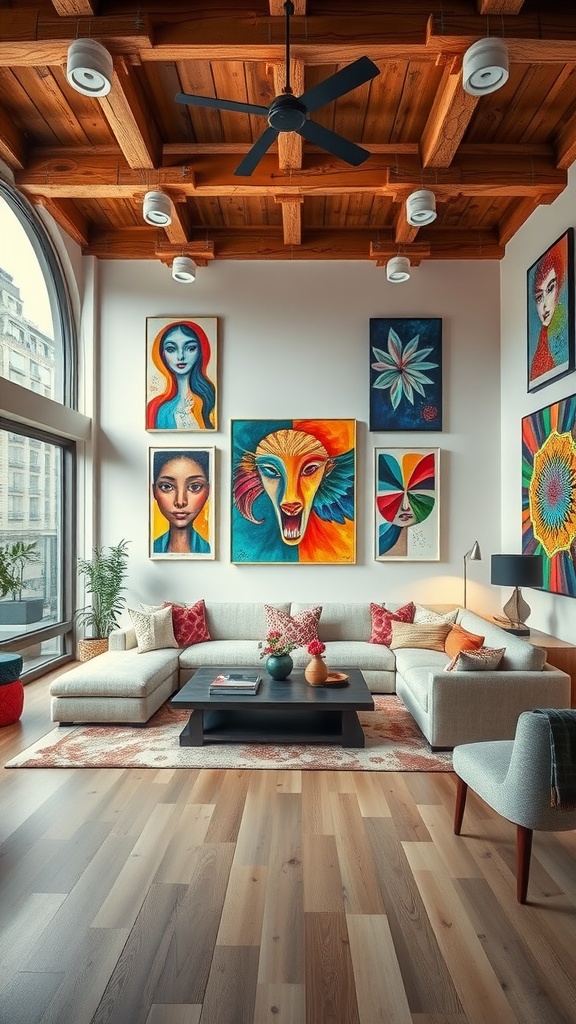 A large living room featuring colorful artwork displayed on the walls, complementing a modern couch and wooden ceiling.