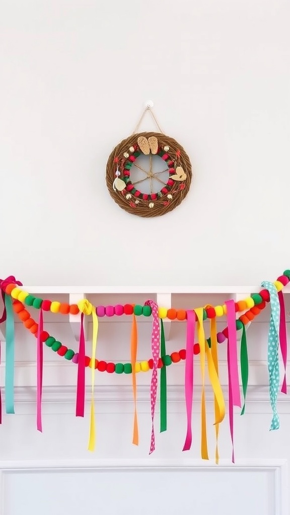 Colorful bead and ribbon garland displayed on a mantle, with a decorative wreath above.