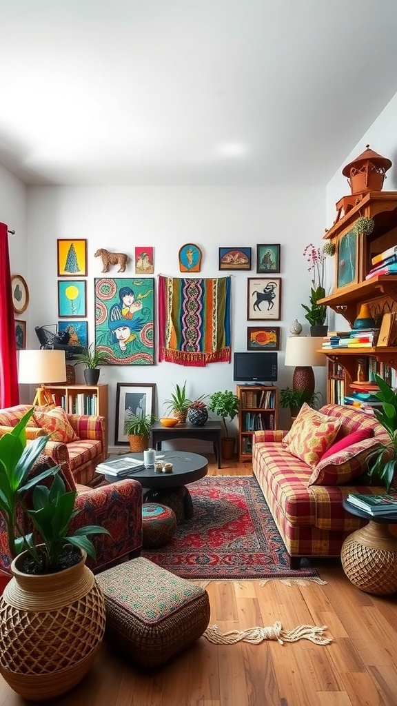 A colorful bohemian living room with plaid sofas, vibrant rugs, and various artworks.