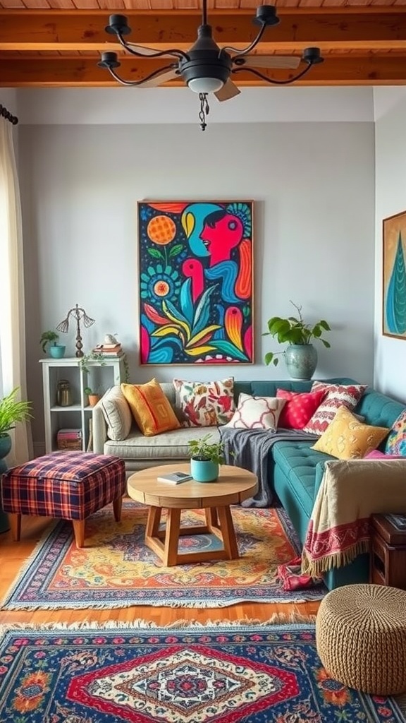 A colorful bohemian living room with vibrant textiles, layered rugs, and eclectic decor.