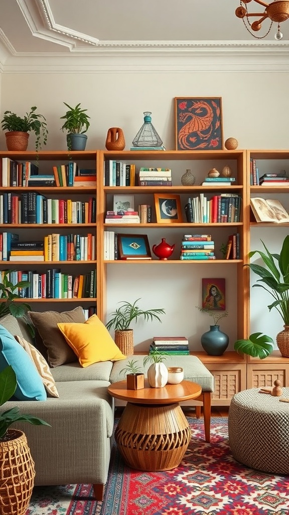 A cozy living room featuring a colorful bookshelf, plants, and vibrant cushions