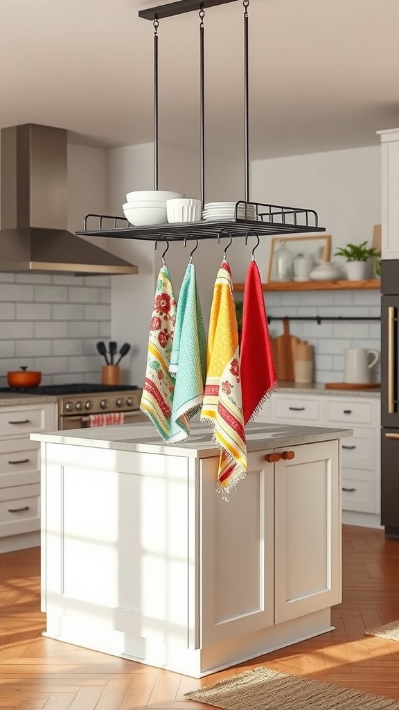 Colorful dish towels hanging in a modern kitchen