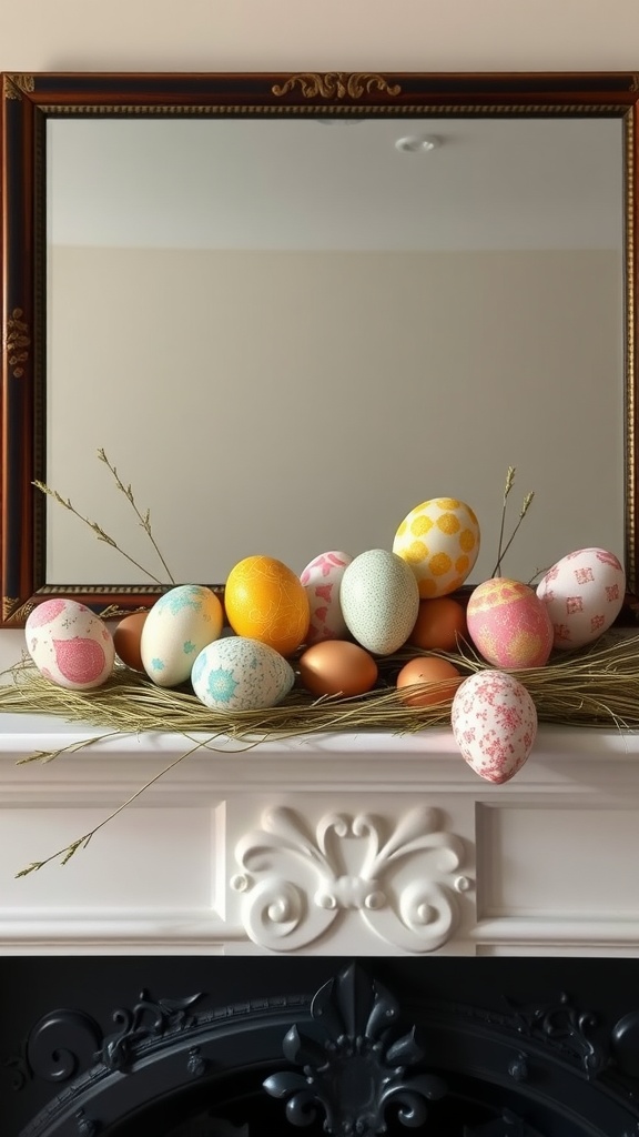 A colorful display of Easter eggs arranged on a mantel, featuring various patterns and colors, with a mirror in the background.