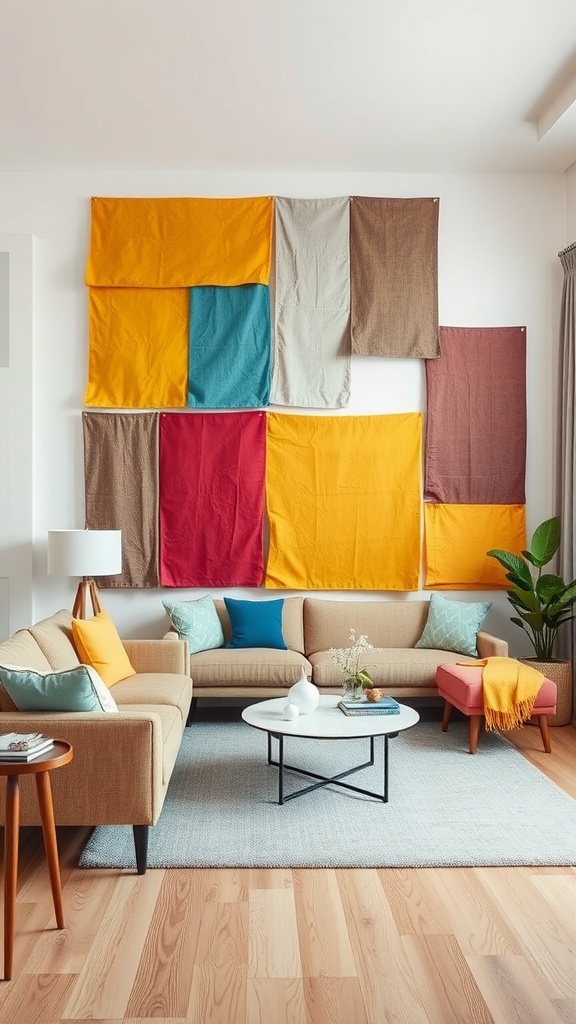 Living room with colorful fabric panels as an accent wall