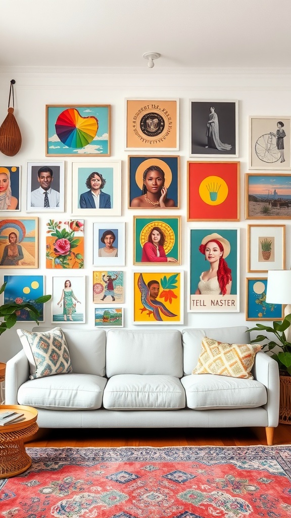 Colorful gallery wall with various artworks above a light-colored couch