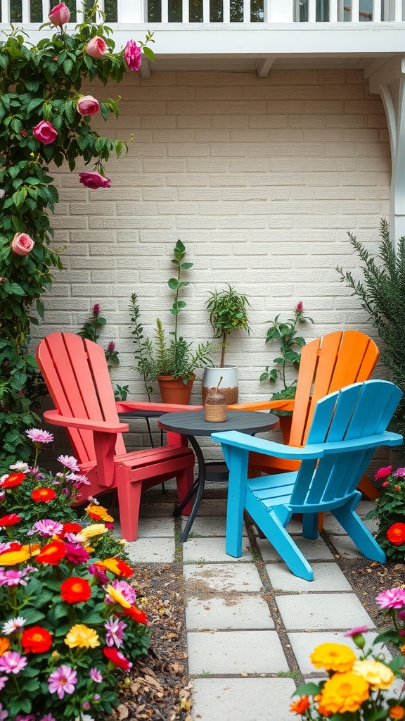 A cozy garden seating nook with colorful chairs and vibrant flowers.